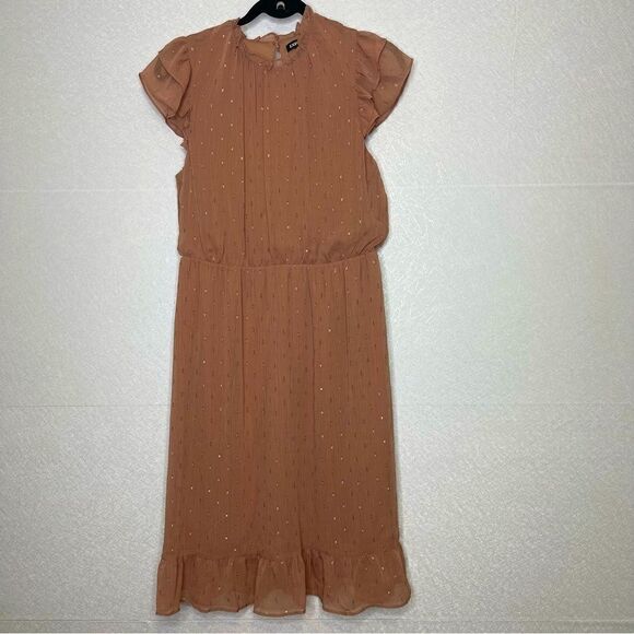Express Ruffle Chiffon Metallic Foil Short Sleeve Mauve Dress M - Picture 1 of 6